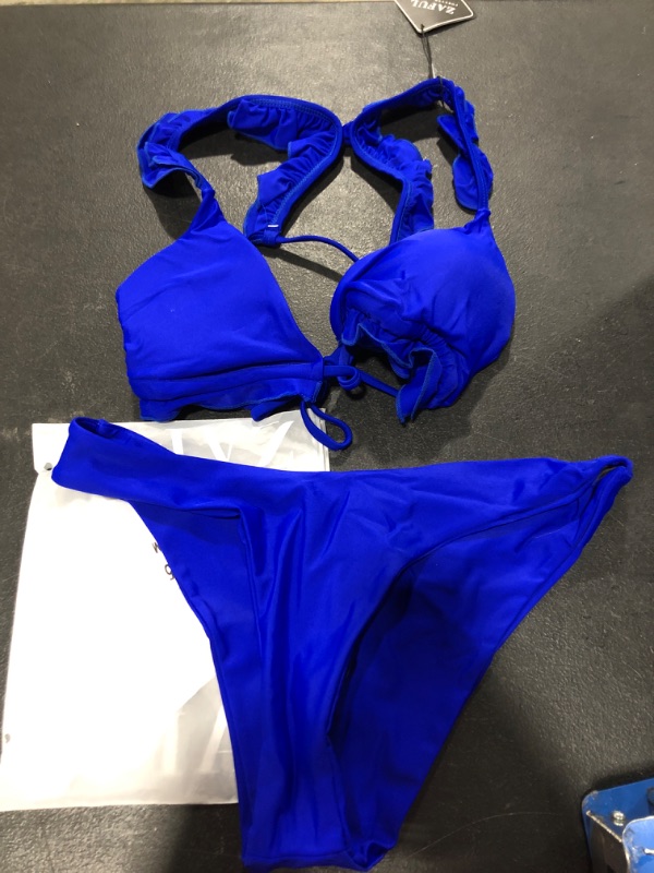 Photo 2 of ZAFUL Women's Spaghetti Strap Tie Back Ruffle Triangle Bikini Set Swimsuit S