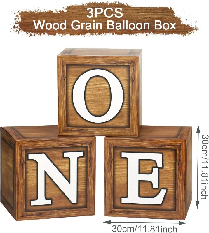 Photo 1 of First Birthday Boxes Party Decorations - 3 Wood Grain Brown Blocks with ONE Letter, Printed Letters, 1st Birthday Paper Balloon Boxes, Teddy Bear Birthday Party Supplies, Animal Jungle Theme One Birthday Party Decorations.
