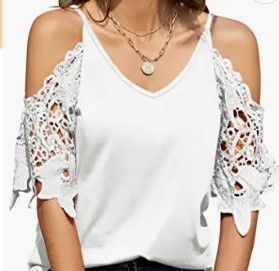 Photo 1 of **DIFFERENT FROM STOCK PHOTO**TFSDOD Womens Summer V Neck Cold Shoulder Tops T Shirts Cut Out Lace Short Sleeve Solid Color Blouses Shirt M