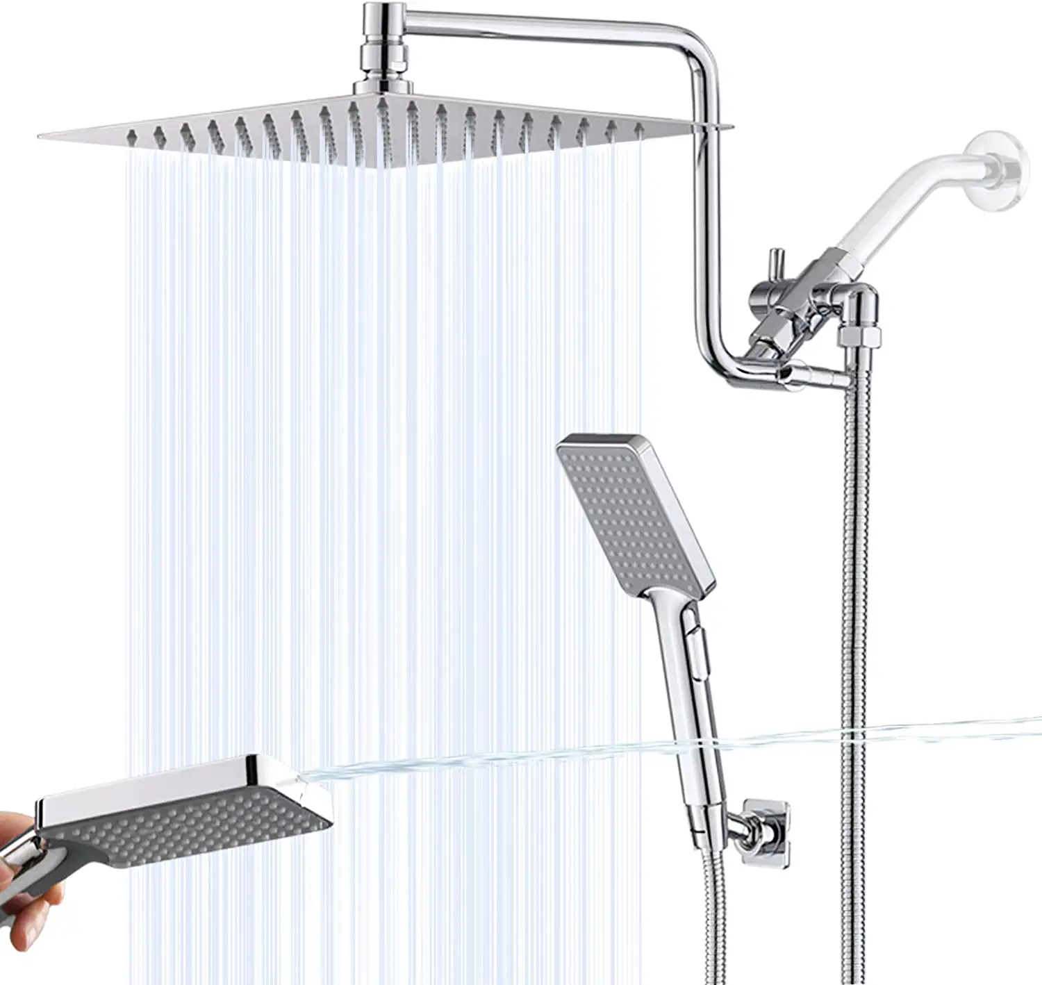 Photo 1 of 10" High Pressure Rainfall Shower Head with Handheld Combo, Upgrade 12" Extension Arm Height Adjustable, Powerful Stainless Steel Shower Head, Brass Shower Holder Extra Long Shower Hose, Chrome
