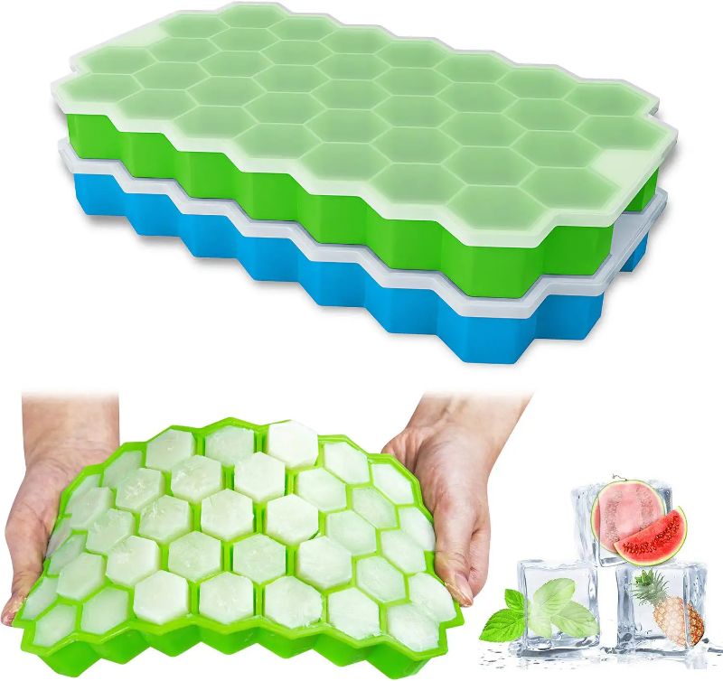 Photo 1 of 2 Pack Silicone Ice Cube Tray with Lid for Freezer, 74-Ice Trays Popsicle Maker Molds for Cocktail Whiskey, Stackable Flexible
