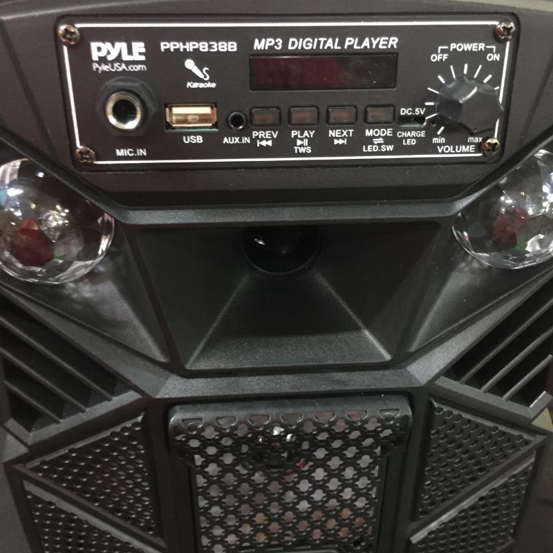 Photo 3 of Portable Bluetooth PA Speaker System - 300W Rechargeable Outdoor Bluetooth Speaker Portable PA System w/ 8” Subwoofer 1” Tweeter, Microphone in, MP3/USB, Radio, Remote - Pyle PPHP838B, Black
