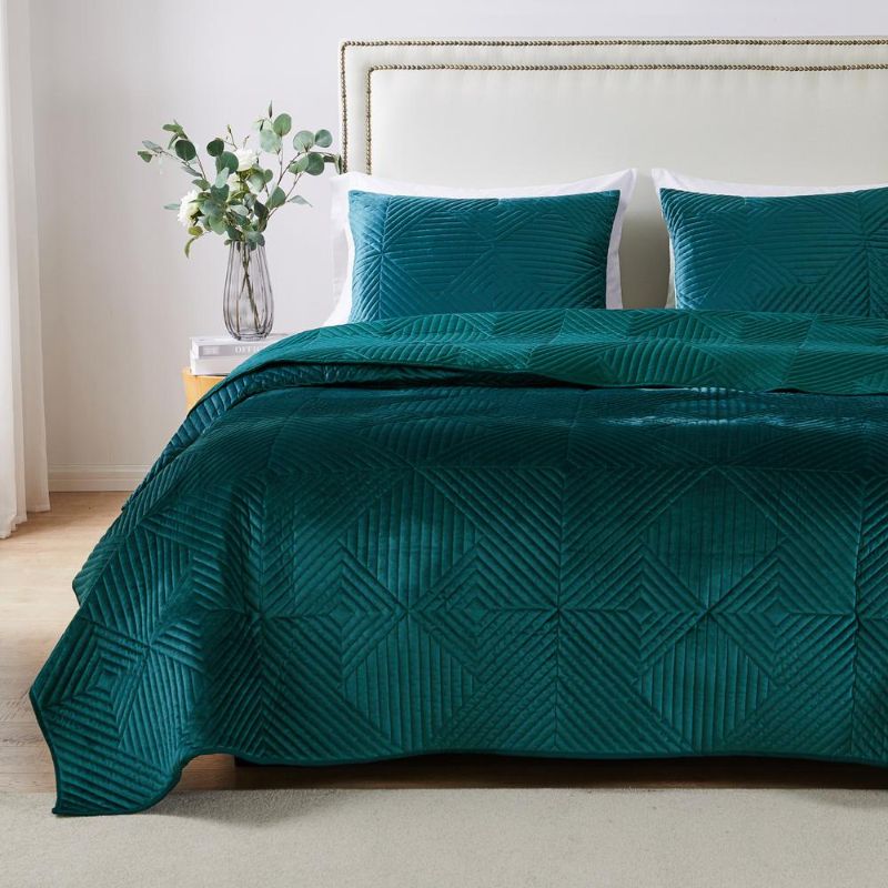 Photo 1 of Barefoot Bungalow Riviera Velvet Quilt and Pillow Sham Set, King/California King (3 Piece), Teal
