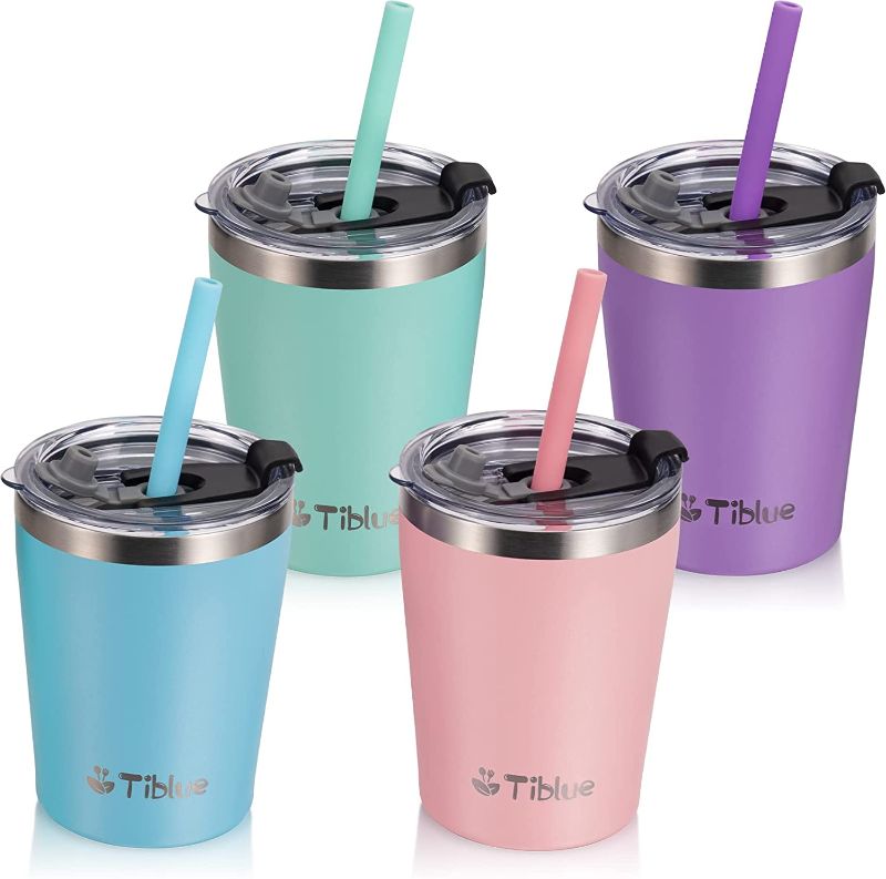 Photo 1 of Kids & Toddler Cup - 4 Pack 8 OZ Stainless Steel Water Bottle Spill Proof Insulated Tumbler with Leak Proof Lid & Silicone Straw with Stopper - BPA FREE Vacuum Smoothie Cup Stackable Baby Drinking Cup