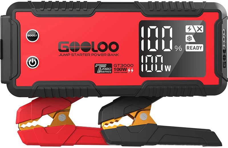 Photo 1 of GOOLOO GT3000 Jump Starter 3000A 100W 2-Way Fast Charging, SuperSafe 12V Lithium Portable Car Battery Booster Pack, IP65 Power Bank Charger Box with Jumper Cables for 8L Diesel and 10L Gas Engines