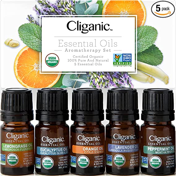 Photo 1 of Cliganic Organic Aromatherapy Essential Oils Set (Top 5) - 100% Pure Natural - Peppermint, Lavender, Eucalyptus, Lemongrass & Orange
