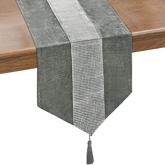 Photo 1 of Chenille Table Runner with Diamante Strip and Tassels, Grey and Silver Table Runner for Living Room, Dresser, Wedding, Dining Table, Catering Events, Indoor and Outdoor Parties, 14 x 70 inches
