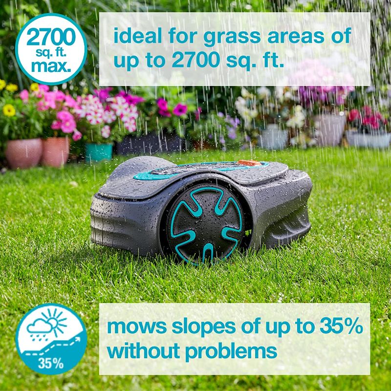 Photo 1 of GARDENA 15201-41 SILENO Minimo - Automatic robotic lawn mower, with Bluetooth app and boundary wire, one of the quietest in its class, for lawns up to 2700 Sq Ft, Made in Europe, Grey
