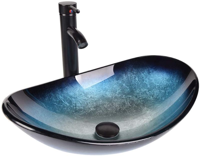 Photo 1 of Bathroom Sink and Faucet Combo - Artistic Tempered Glass Vessel Sink Basin Washing Bowl Set, Cabinet Countertop Sink with ORB Oil Rubbed Faucet Pop-up Drain and Water Pipe Lavatory (Oval Ocean Blue)

