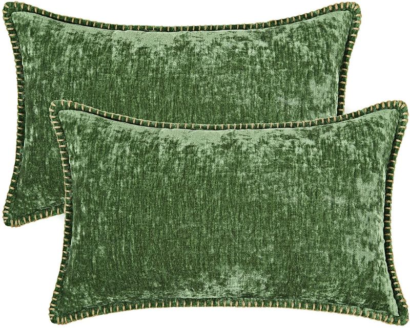 Photo 1 of decorUhome Decorative Throw Pillow Covers 12x20 Set of 2, Lumbar Velvet Farmhouse Pillow Covers, Chenille Pillow Covers with Stitched Edge for Couch, Sofa,...
