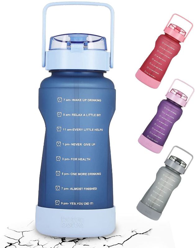Photo 1 of BOTTLE BOTTLE 64 OZ Gallon Motivational Water Bottle with Time Marker and Straw Protective Silicone Boot Workout Leak-proof Bottle for Adults and Kids Half Gallon Water Jug (blue)
