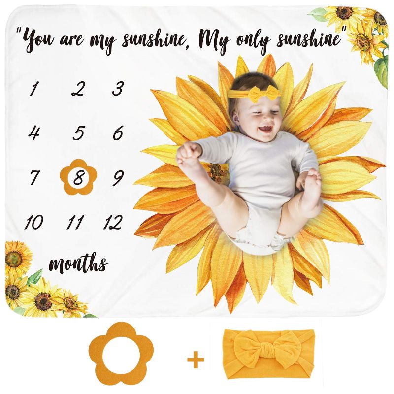 Photo 1 of Baby Monthly Milestone Blanket Girl - Sunflower Newborn Month Blanket Personalized Shower Gift Floral Nursery Decor Flower Photography Background Prop with Frame Headband Large 51''x40''
