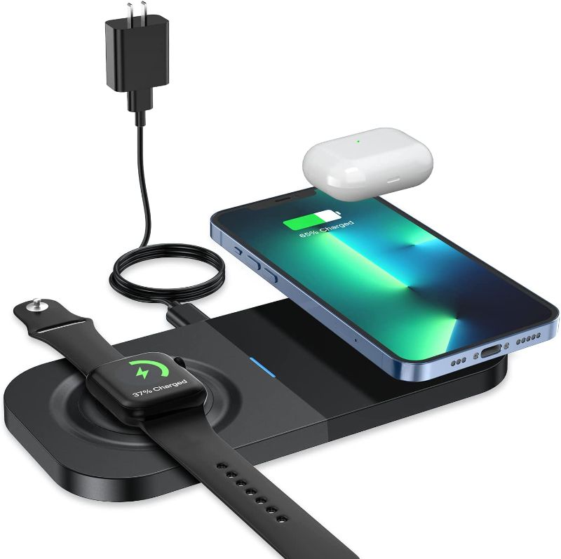 Photo 1 of Wireless Charging Pad for Apple Watch, Dual Wireless Charger for iWatch 7/6/ SE/ 5/4/ 3, iPhone 13/12/ 11/ X/ 8/ SE Series, Airpods 3/ Pro/ 2
