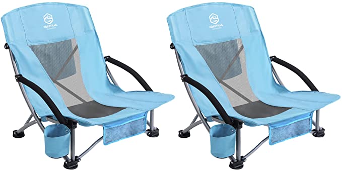 Photo 1 of Coastrail Outdoor Beach Chair Low Profile Mesh Back Folding Chair for Adults with Cup Holder & Cooler & Phone Bag for Outdoor Camping Beach, Supports 300 lbs, Blue,2 Pack

