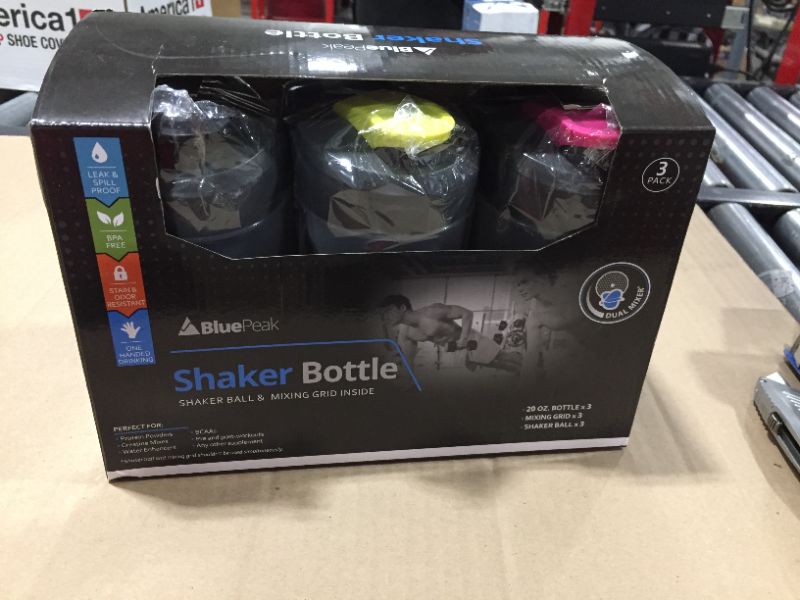 Photo 1 of BluePeak Protein Shaker Bottle 20 oz with Dual Mixing Technology, Strong Loop Top, BPA Free, Shaker Balls & Mixing Grids Included - On-The-Go Small Protein Shakers (3 Pack - Black, Yellow, Pink)
