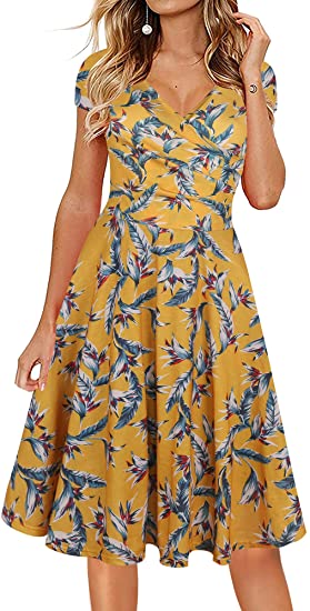 Photo 1 of oxiuly Women's Casual Dresses Criss-Cross V-Neck Floral Flare Midi Summer Dress OX233 MED 
