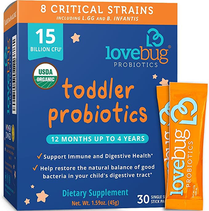 Photo 1 of Lovebug Award Winning USDA Organic Probiotic for Toddlers & Kids | Multi-Strain 15 Billion CFU | Easy-to-Take Powder | Sugar Free | Ages 12 Months to 4 Years | 30 Packets
BB 03 2023