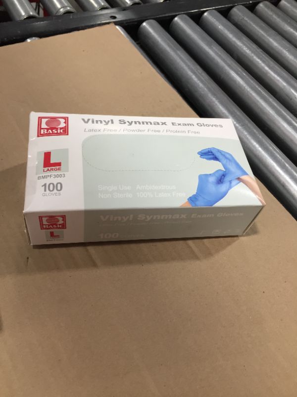 Photo 2 of Basic 1 Box 100Pcs Disposable Vinyl Synmax Gloves Blue PF Single Use Latex Free Power Free Protein Free Non Sterile?Large?
