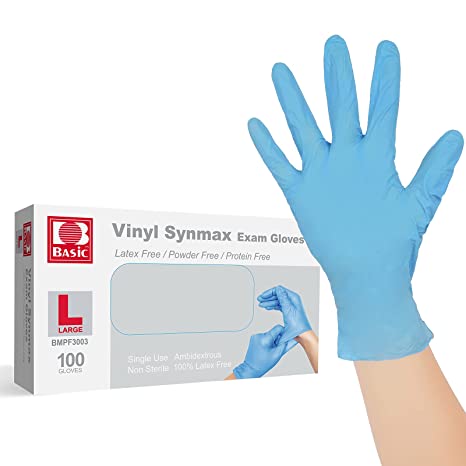 Photo 1 of Basic 1 Box 100Pcs Disposable Vinyl Synmax Gloves Blue PF Single Use Latex Free Power Free Protein Free Non Sterile?Large?
