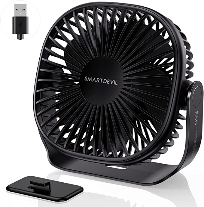 Photo 1 of SmartDevil Small USB Desk Fan, 3 Speeds Portable Personal Desktop Table Fan with Pasteable Hook, Dual 360° Adjustment Mini Fan, Quiet Operation, for Home Office Car Outdoor Travel (Black)
