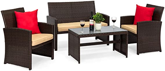 Photo 1 of Best Choice Products 4-Piece Wicker Patio Conversation Furniture Set w/ 4 Seats, Tempered Glass Table Top - Brown Wicker/Beige Cushions
