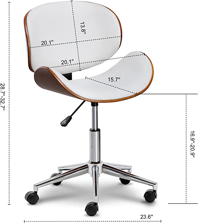 Photo 1 of OKAKOPA Modern Desk Chair 360° Swivel Height Adjustable Home Office Armless Desk Chair Ergonomic Curved Wood Faux Leather Seat Chrome Computer Chair w/Universal Wheels (White)
