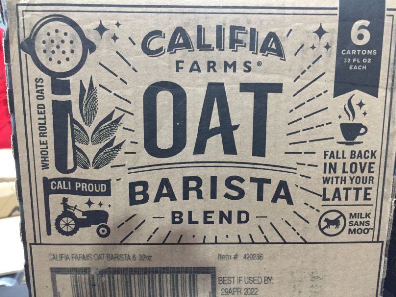 Photo 3 of Califia Farms - Oat Milk, Unsweetened Barista Blend, 32 Fl Oz (Pack of 6) | Shelf Stable | Non Dairy Milk | Creamer | Vegan | Plant Based | Gluten-Free | Non-GMO
EXPERATION DATE: 4/29/2022