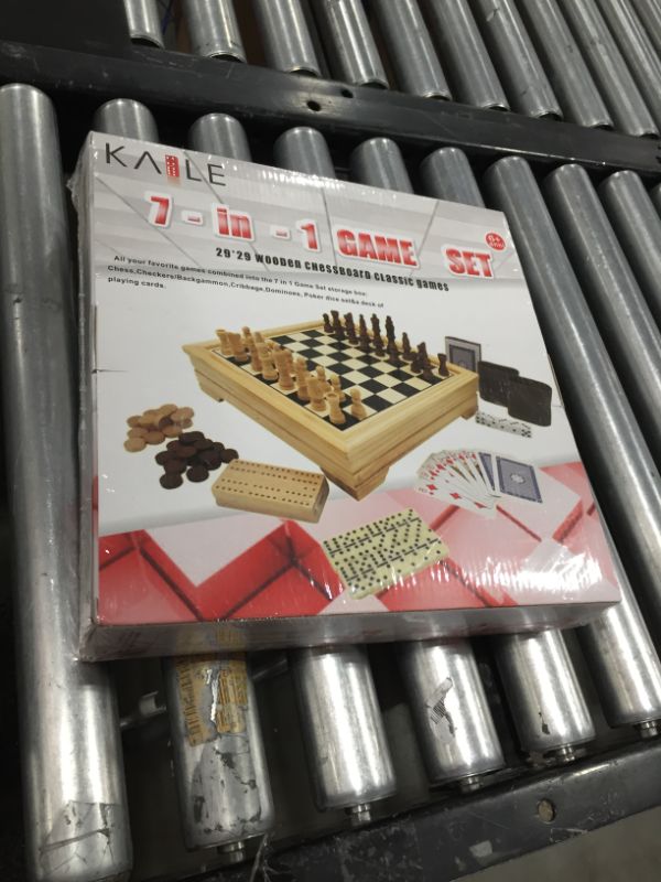 Photo 2 of Deluxe 11.8 Inch 7 in 1 Board Game Set - Chess Set, Checkers, Backgammon, Dominoes, Playing Cards, Poker Dices and Cribbage - by KAILE
