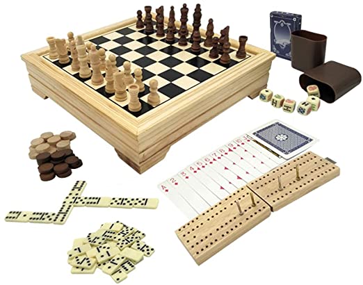 Photo 1 of Deluxe 11.8 Inch 7 in 1 Board Game Set - Chess Set, Checkers, Backgammon, Dominoes, Playing Cards, Poker Dices and Cribbage - by KAILE
