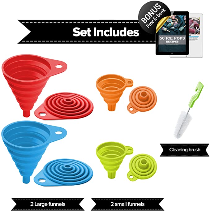 Photo 1 of 2 PACK! Kitchen Collapsible, 4 Flexible Silicone Funnels, Large And Small Funnel Set, For Oil, Food And Water Bottles, BPA-Free + Brush and Recipes E-Book | By Lebice (4 colors)
