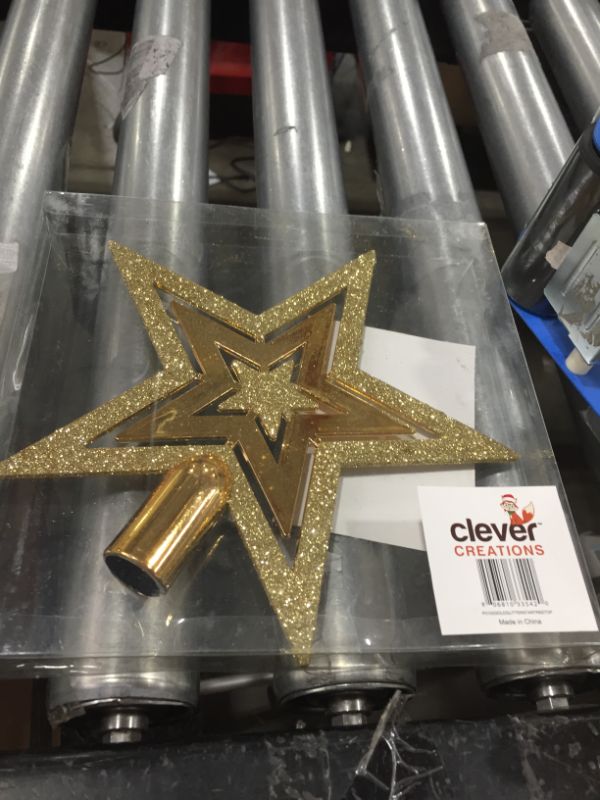 Photo 2 of Clever Creations Christmas 8 Inch Tree Topper Flat Star Decoration, Glitter Treetop Holiday Home Décor, Gold
