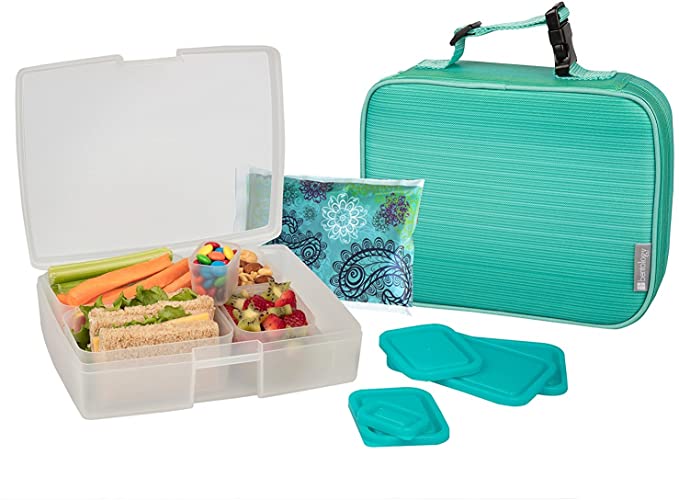 Photo 1 of Bentology Lunch Bag and Box Set for Kids - Girls Insulated Lunchbox Tote, Bento Box, 5 Containers and Ice Pack - 9 Pieces - Turquoise
