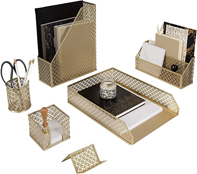 Photo 1 of Blu Monaco 6 Piece Cute Gold Desk Organizer Set - Desk Organizers and Accessories for Women - Cute Office Gold Desk Accessories - Desktop Organization
