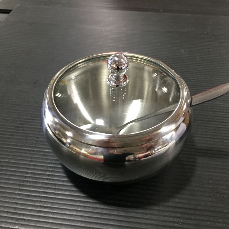 Photo 2 of HOME-X Stainless-Steel Sugar Bowl with Spoon, Dish with Lid and Spoon, Seasoning Bowl with Lid, 1 ½” Cup Capacity, 2 ½” L X 4 ½”Dia, Silver
