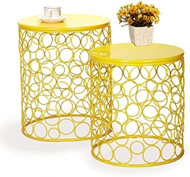 Photo 1 of Adeco Home Garden Accents Circle Wired Round Iron Metal Nesting Stool Side End Table Plant Stand, Bubble Pattern, Yellow, Set of Two
