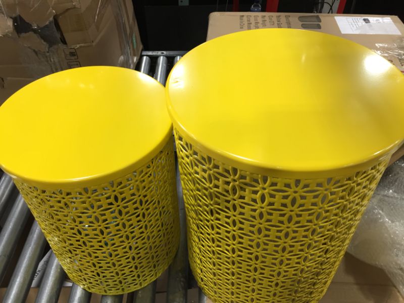 Photo 3 of Adeco Home Garden Accents Circle Wired Round Iron Metal Nesting Stool Side End Table Plant Stand, Bubble Pattern, Yellow, Set of Two

