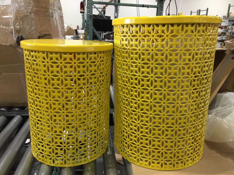 Photo 2 of Adeco Home Garden Accents Circle Wired Round Iron Metal Nesting Stool Side End Table Plant Stand, Bubble Pattern, Yellow, Set of Two
