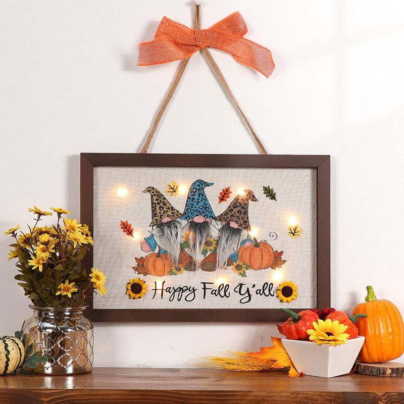 Photo 2 of  SDKBVOC Fall Wall Decor with Light, Farmhouse Rustic Signs, Gnome Pumpkins Sunflower Design, with Wood Picture Frame, for Autumn Harvest Thanksgiving Home Decor 16 x 11 in
