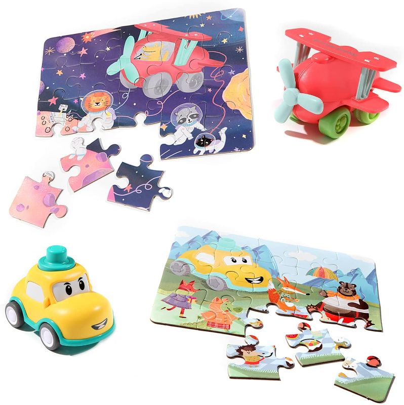 Photo 1 of Babamira Jigsaw Puzzles and Toy Cars for Kids: Friction Powered Push and Go Cartoon Car and 20 Pieces Puzzles(2 Set) | Learning Educational Games for Age 2 3 4 5 6 Year Old Baby Toddlers Boy Girl Gift
