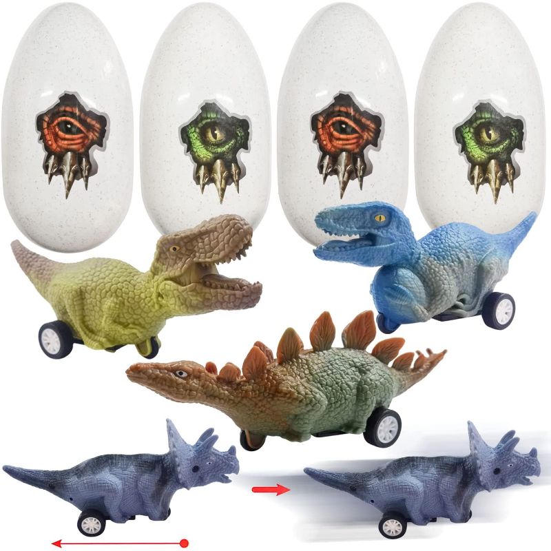 Photo 1 of 4 Pack Unique Jumbo Eggs with Juge Dinosaur Pull Back Cars Holiday Party Favors for Kids Boys Toddlers Easter Basket Stuffers
