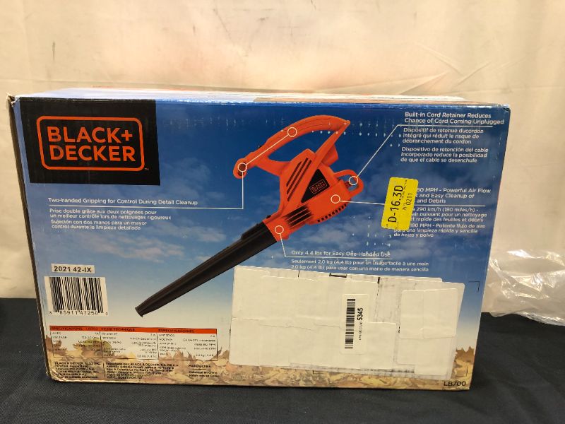 Photo 1 of BLACK+DECKER Electric Leaf Blower, 7-Amp (Box damaged but item inside it's good condition)