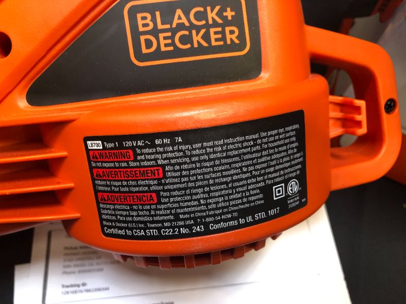 Photo 1 of BLACK+DECKER Electric Leaf Blower, 7-Amp (Box damaged but item inside it's good condition)