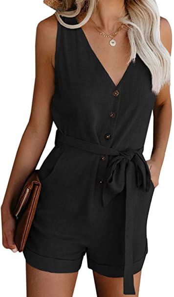 Photo 1 of Adibosy Women's V Neck Jumpsuits Casual Sleeveless Romper Button Up Front Tie Knot Solid Short Jumpsuit Rompers
