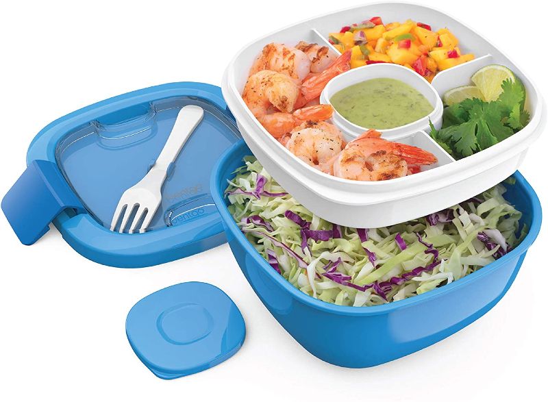 Photo 1 of Bentgo® Salad - Stackable Lunch Container with Large 54-oz Salad Bowl, 4-Compartment Bento-Style Tray for Toppings, 3-oz Sauce Container for Dressings, Built-In Reusable Fork & BPA-Free (Blue)- Factory Seal
