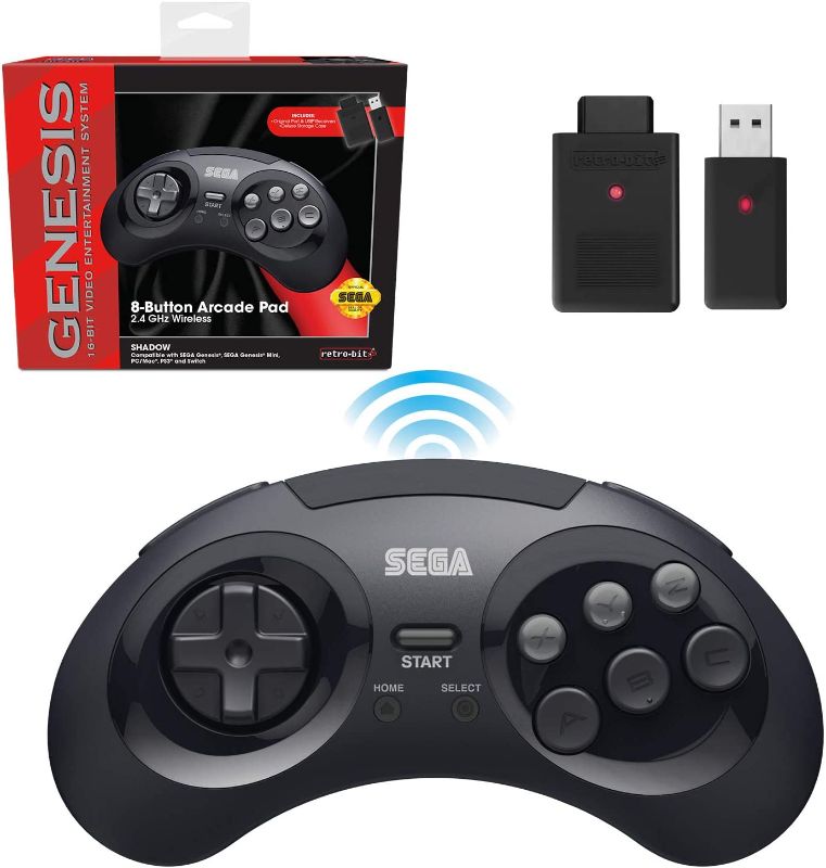 Photo 1 of Retro-Bit Sega Genesis 2.4 GHz Wireless Controller 8-Button Arcade Pad for Sega Genesis Original/Mini, Switch, PC, Mac – Includes 2 Receivers & Storage Case - Black---brand new factory sealed***
