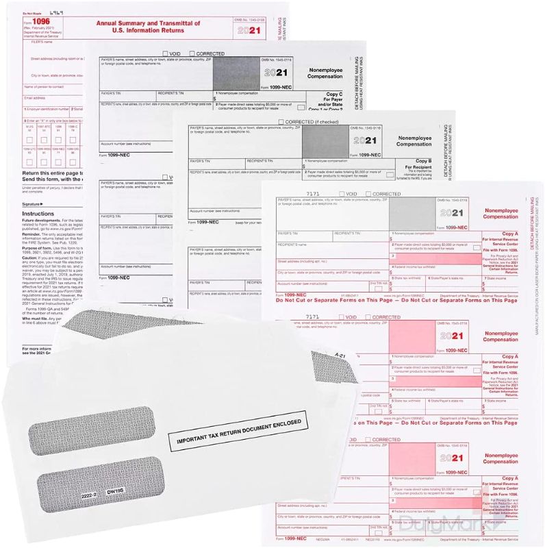 Photo 1 of 1099 NEC Tax Forms 2021,and 25 Self-Seal Envelopes, 25 3 Part Laser Tax Forms Kit, Pack of Federal/State Copy's, 1096's –Great for QuickBooks and Accounting Software
