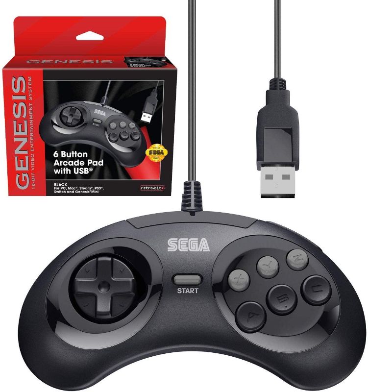 Photo 1 of Retro-Bit Official Sega Genesis USB Controller 6-Button Arcade Pad for Sega Genesis Mini, PS3, PC, Mac, Steam, Switch - USB Port - (Black)
