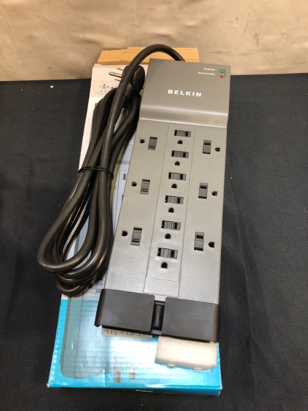 Photo 2 of Belkin Power Strip Surge Protector - 12 AC Multiple Outlets & 8 ft Long Flat Plug Heavy Duty Extension Cord for Home, Office, Travel, Computer Desktop, Laptop & Phone Charging Brick (3,940 Joules)

