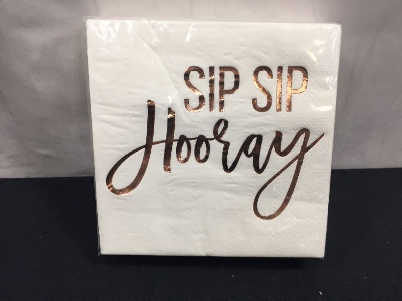 Photo 3 of Andaz Press Rose Gold Foil Lunch Napkins, Sip Sip Hooray, 6.5-inch, 50-Pack, Metallic Tableware for Engagement Party, 65th Birthday, Wedding, Graduation, Bachelorette, Party Paper Napkins in Bulk
