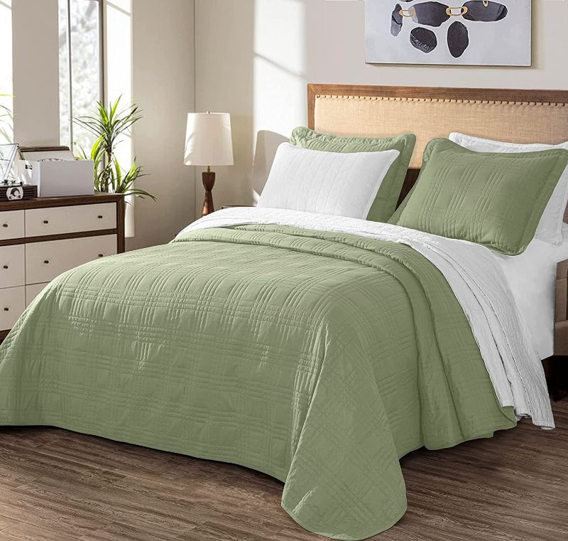 Photo 1 of Chezmoi Collection Kingston 3-Piece Oversized Bedspread Coverlet Set (Queen, Sage)
